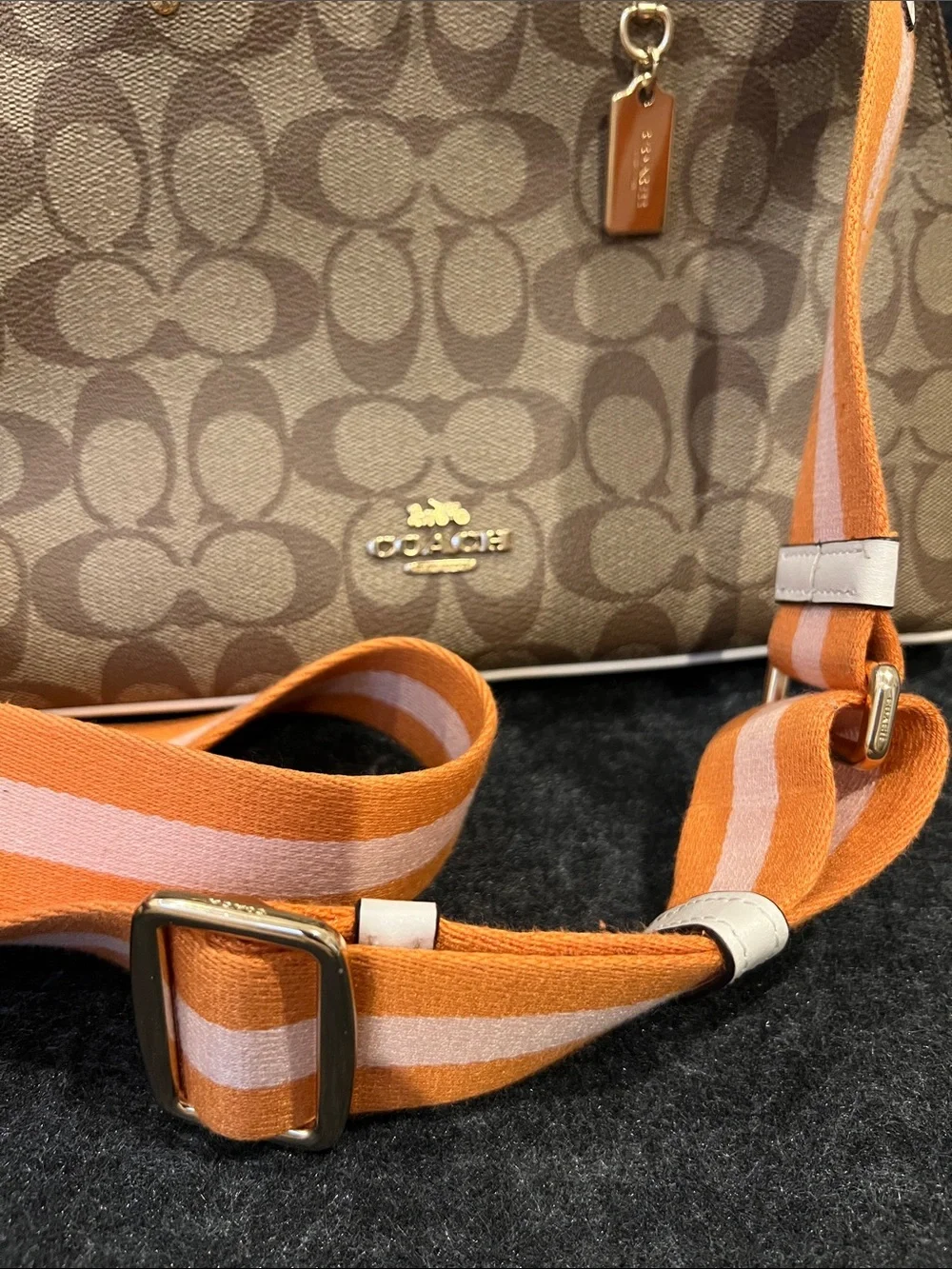 Coach Brown Signature Katy Dome Satchel with Orange Striped Strap